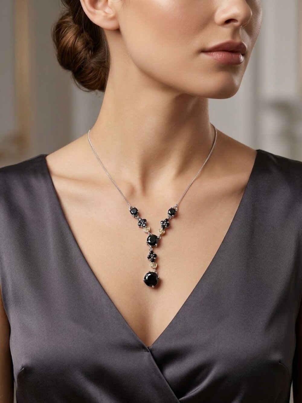 925 Sterling Silver Black Gemstone Y-Necklace Drop Pendant Gold Heart Accent